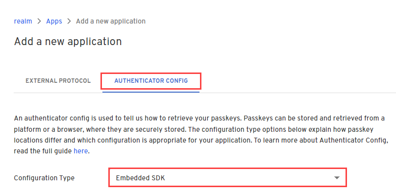 Admin Console Authenticator Config tab embedded SDK selected